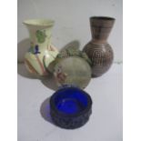 A Rye pottery vase, Honiton vase, vintage mirror and a blue Whitefriars dish