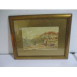 A framed watercolour of fisherman near a castle, signed by A.E.Jackson