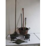 A copper dolly, brass saucepans, walking stick carved with a mouse being chased by a snake,