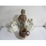 A Doulton jug and figurine, along with two Staffordshire flat backs - A/F