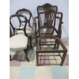 A pair of Victorian balloon back bedroom chairs on cabriole legs along with two Georgian style