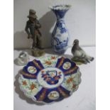 A Chinese blue and white vase, Imari plate ( restored), Edwardian figure and a Kowa Stock Dove and a