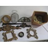 A collection of wooden curtain rings, hinges, basket, photo frames etc.