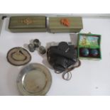 Collection of various items including Canon Canonet camera, silver plated items, two kitsch music