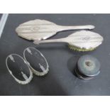 A Sterling silver dressing table mirror and brush, Loetz style pot and cover along with a pair of