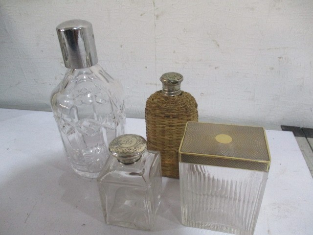 An SCM topped scent bottle along with a hipflask, lidded pot etc
