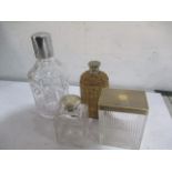 An SCM topped scent bottle along with a hipflask, lidded pot etc