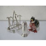 A hallmarked silver pepperette along with a novelty silver plated toast rack and a figure of a duck