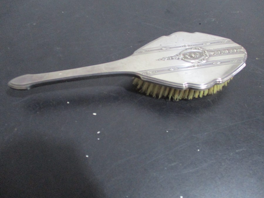 A Sterling silver dressing table mirror and brush, Loetz style pot and cover along with a pair of - Image 5 of 9