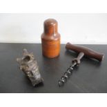 An antique corkscrew, treen and a pipe