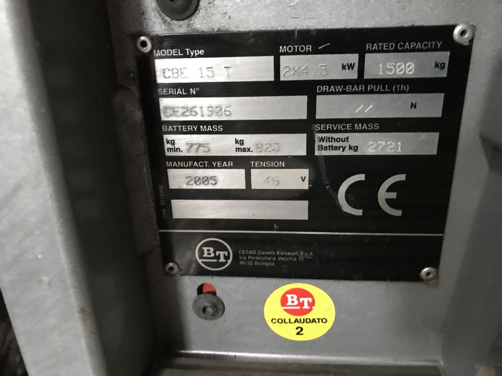 BT CBE15T BATTERY FORKLIFT C/W CHARGER, YR2005, SN: CE261906, EX COMPANY LIQUIDATION Sold Under - Image 6 of 6