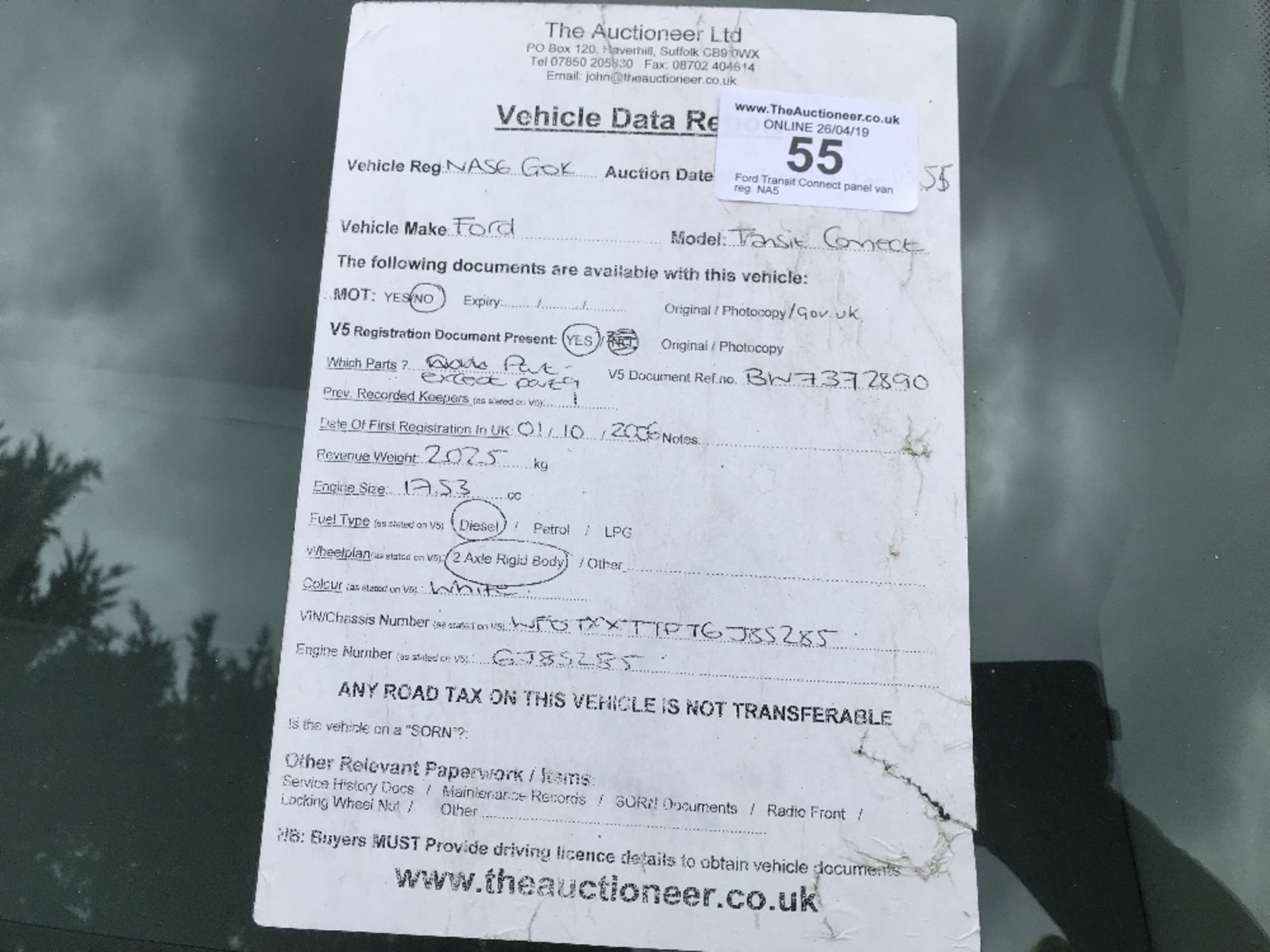 Ford Transit Connect panel van, reg. NA56 GOK C/W V5. DVLA CHECKED: TEST EXPIRES 2.7.2019 FIRST REG. - Image 2 of 7