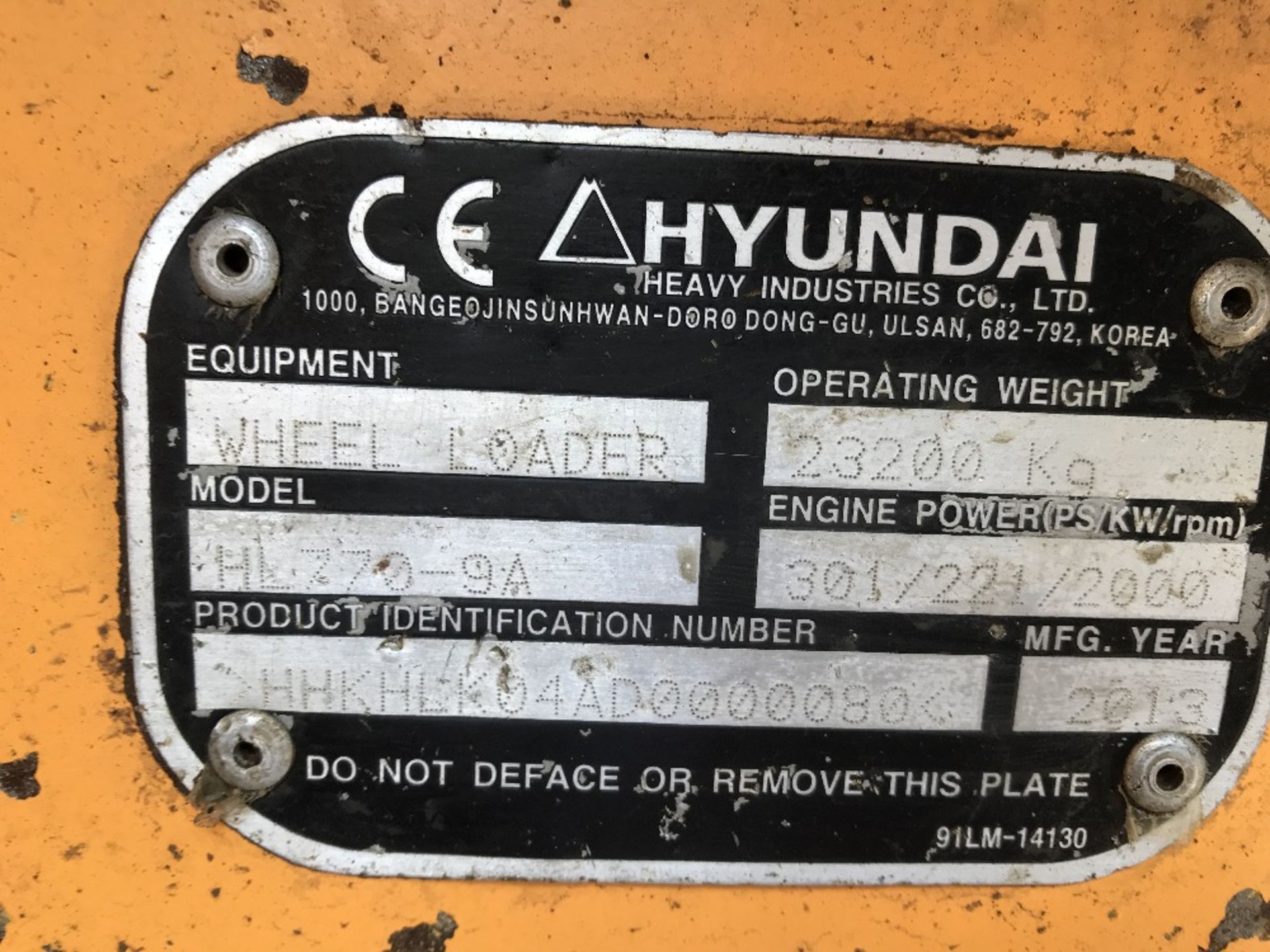 HYUNDAI HL770-9A LOADING SHOVEL, YEAR 2013 BUILD, SN:HHKHLK04AD0000080 WHEN TESTED WAS SEEN TO - Image 9 of 13