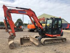 2015 KUBOTA KX080-4 EXCAVATOR, Q/H, BLADE, OFFSET BOOM, RUBBER TRACKS, RED KEY, 2 PIPE HYDRAULICS,