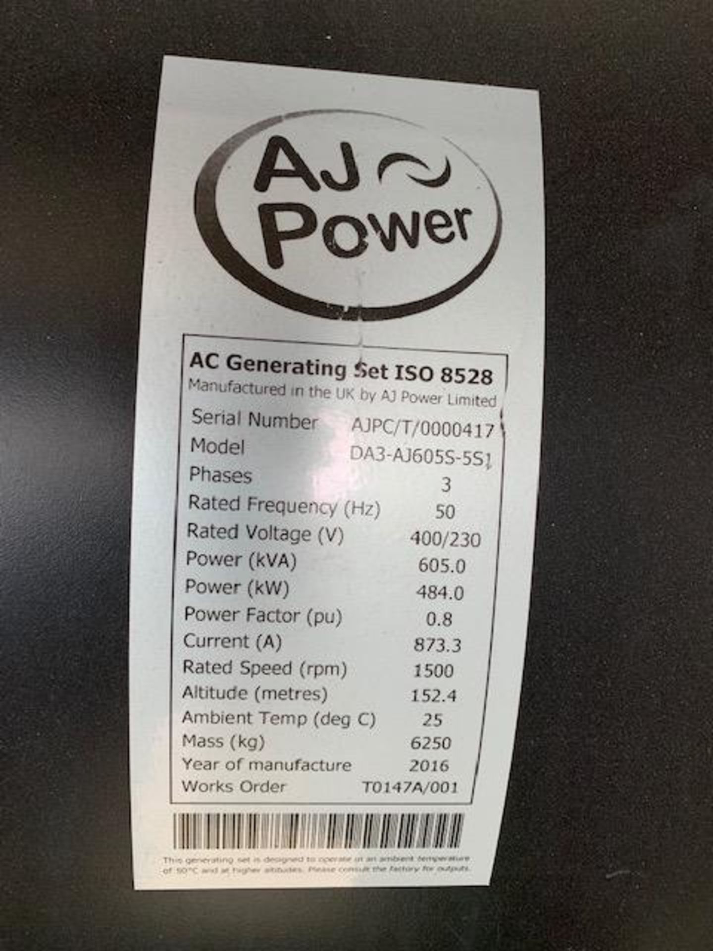 AJ POWER 605KVA RATED ENCLOSED GENERATOR SET YEAR 2016 - Image 6 of 11