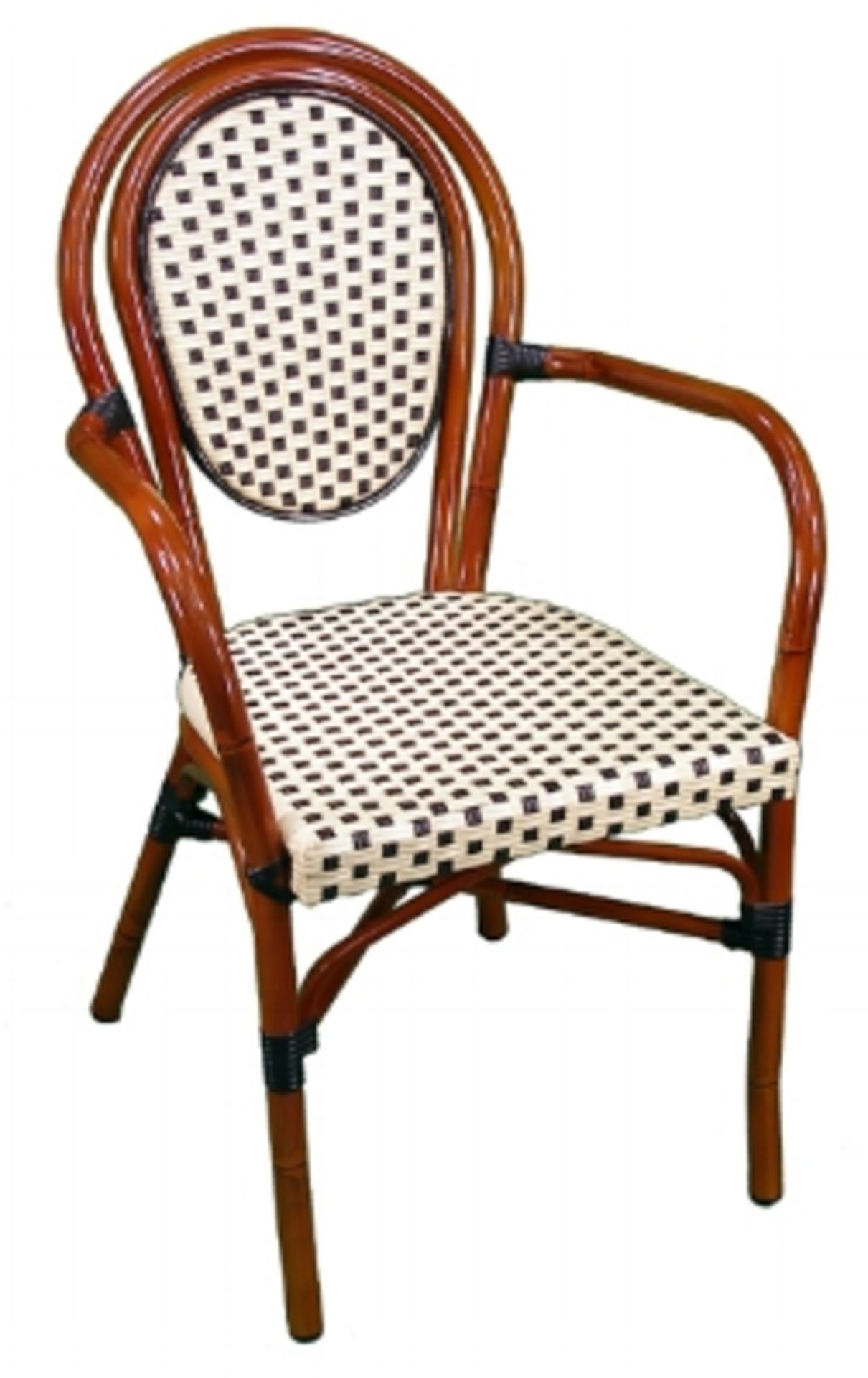 Parisienne Arm Chair - Ivory/Black. PE Weave on Tubular Aluminum Frame/Powder coat finish