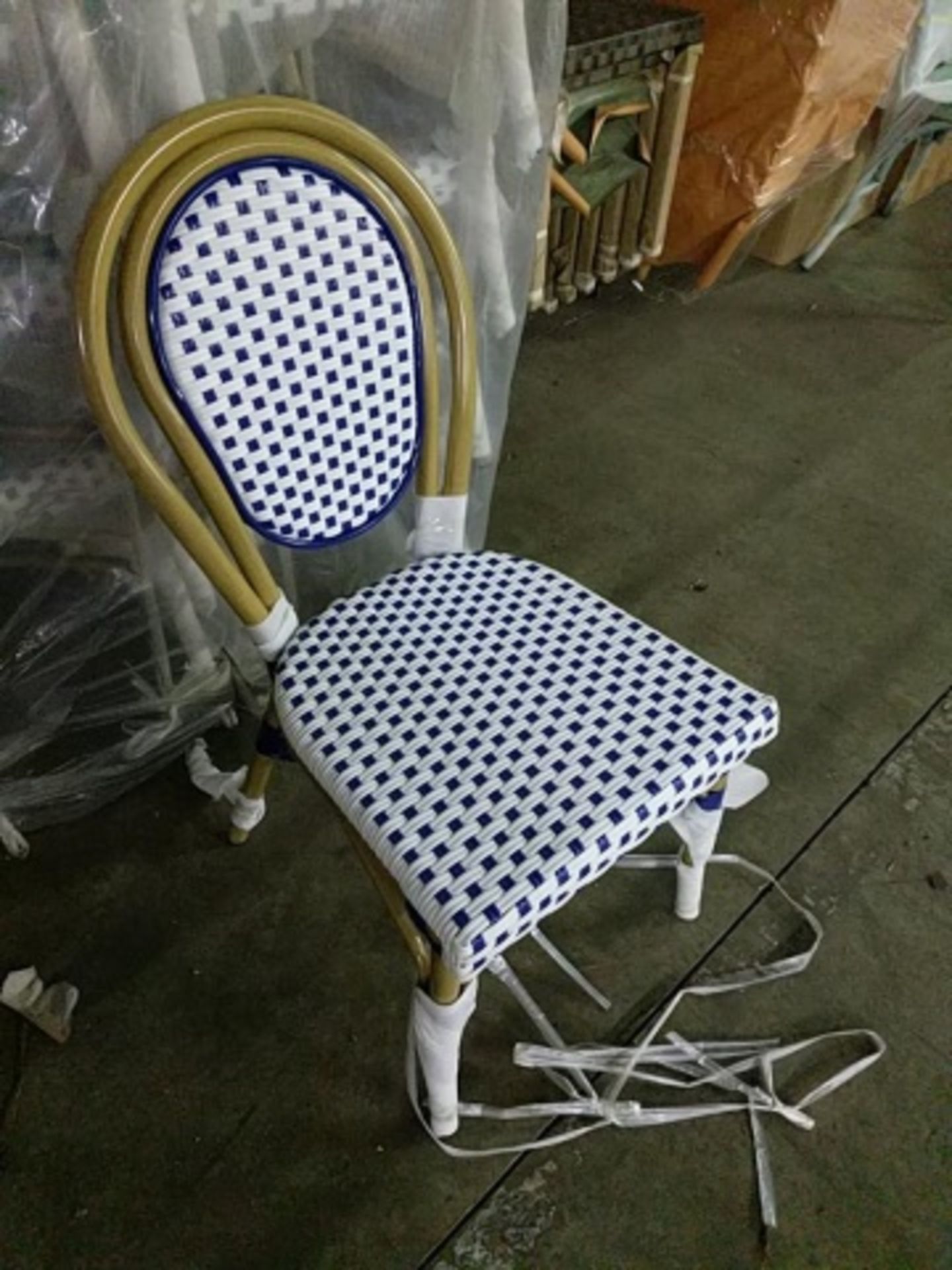 White/Blue Parisienne Side Chair. Powder coat finish imitation rattan textilene upholstery on - Image 3 of 4