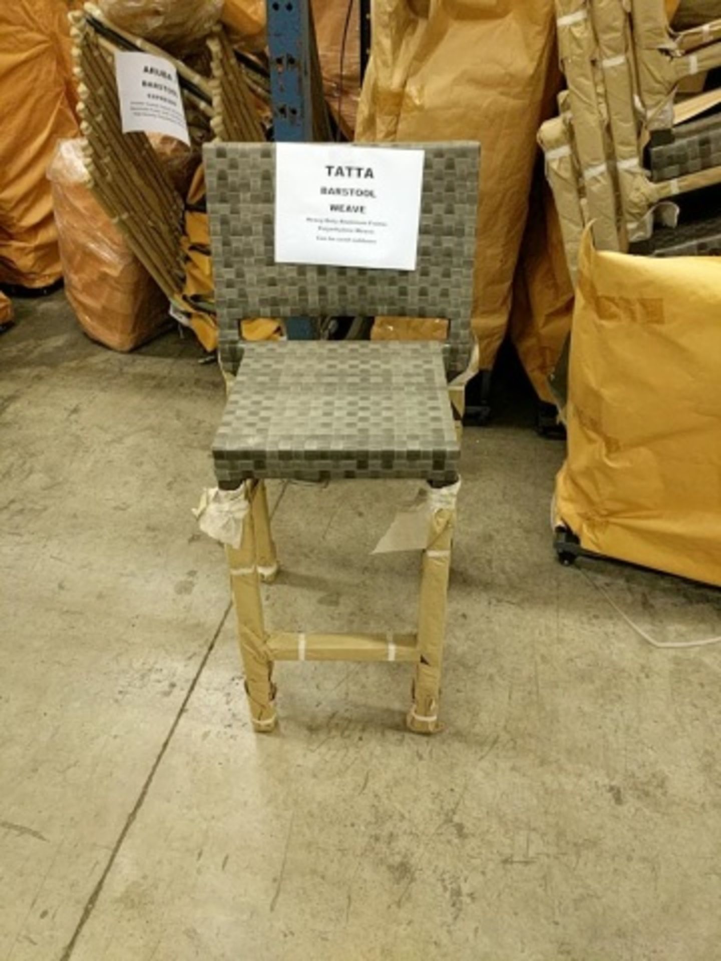 Stackable Tatta Barstool - Weave Taupe C1332. No arms. Aluminum & Polyethylene Wicker. Dimensions: - Image 2 of 6