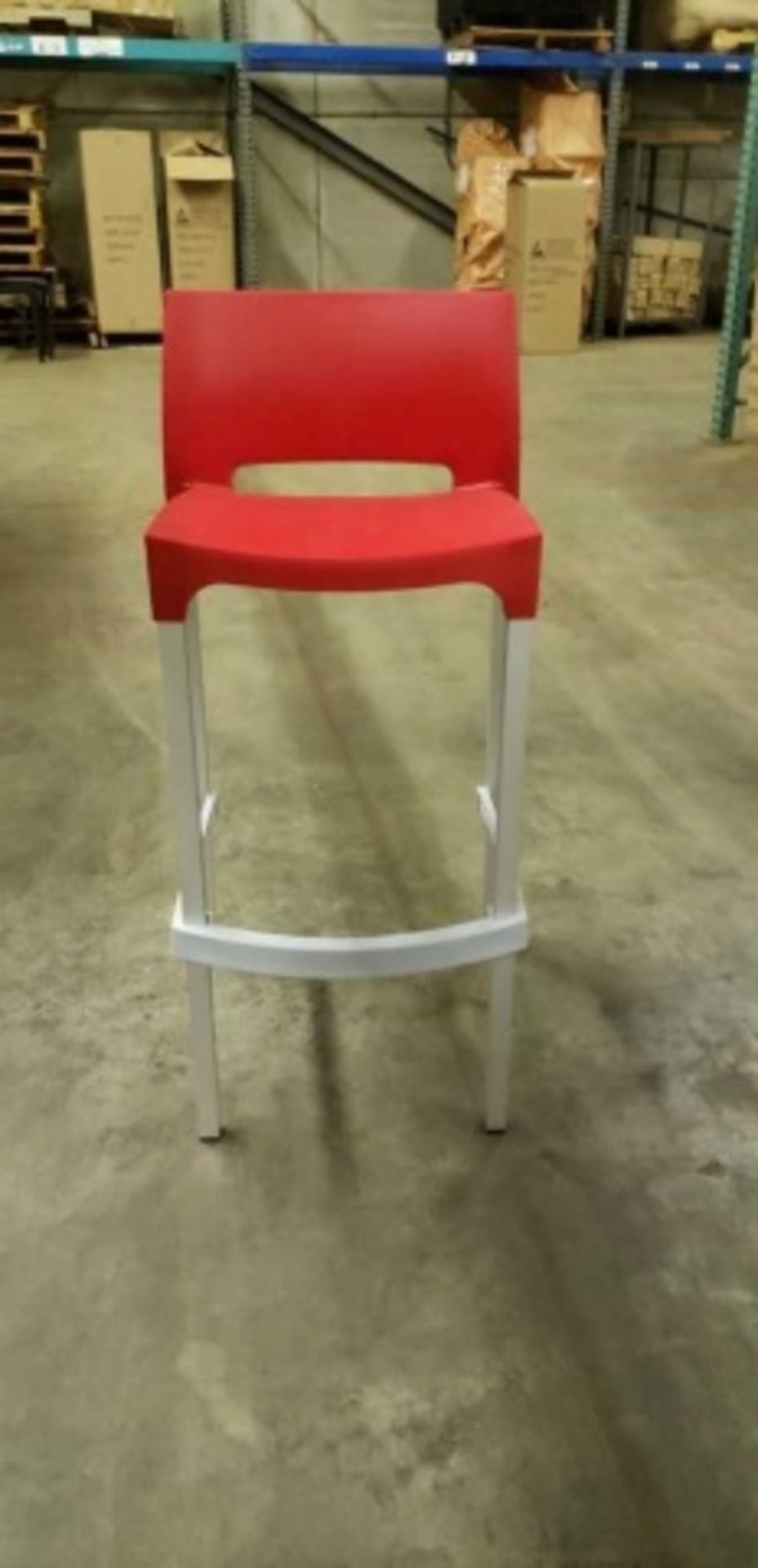Dom / Gio Barstool With Back - Red. Square Tubular anodized matte aluminum legs, Resin seat and back