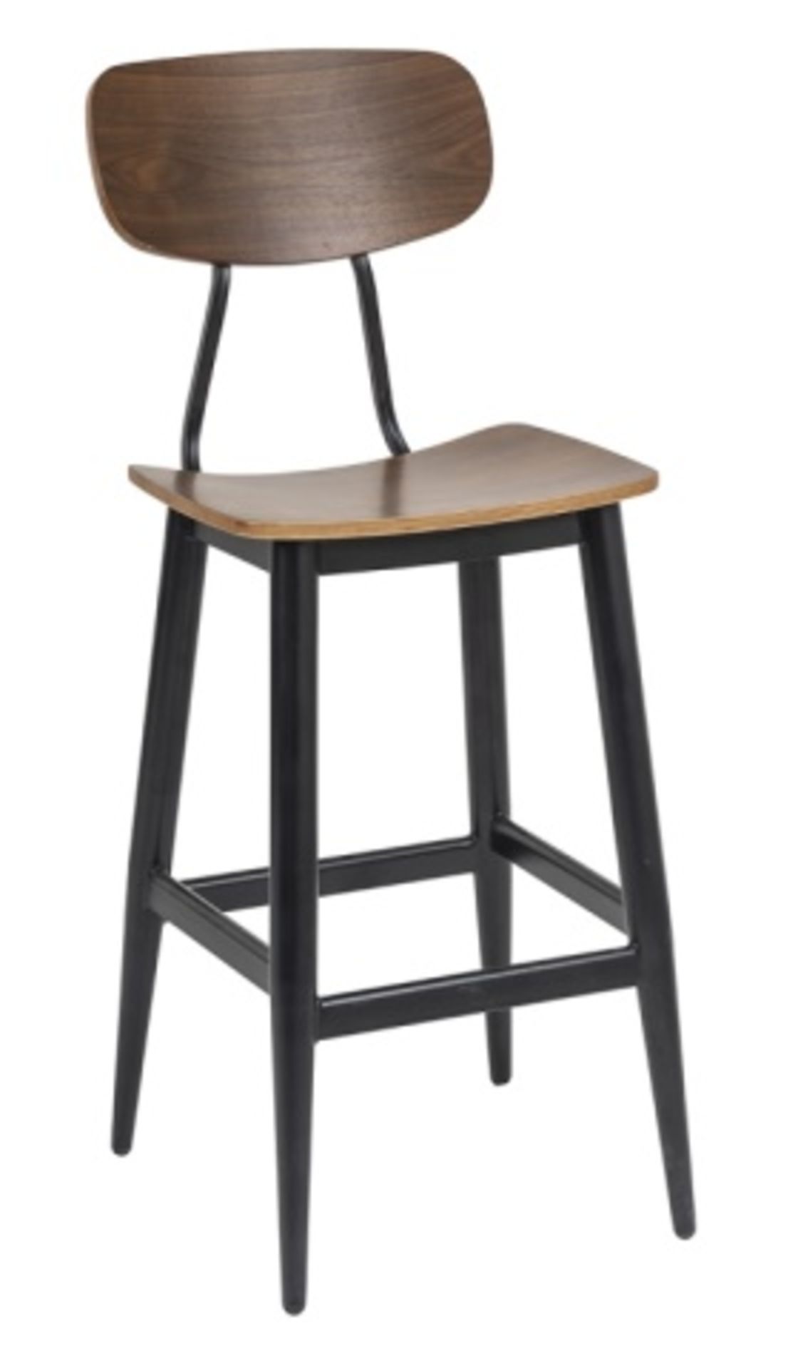 Fifties Barstool. Sturdy steel legs and frame, multi ply seat and back. Dimensions: 17.5"w x 20"d