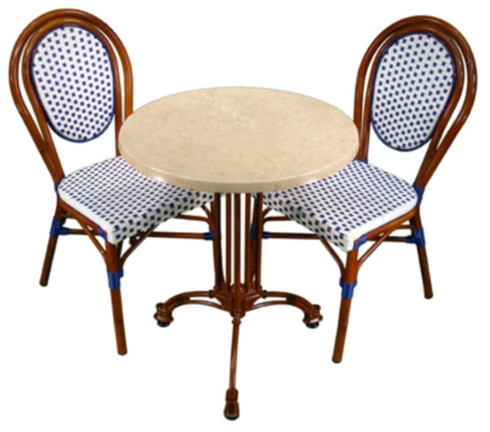 White/Blue Parisienne Side Chair. Powder coat finish imitation rattan textilene upholstery on