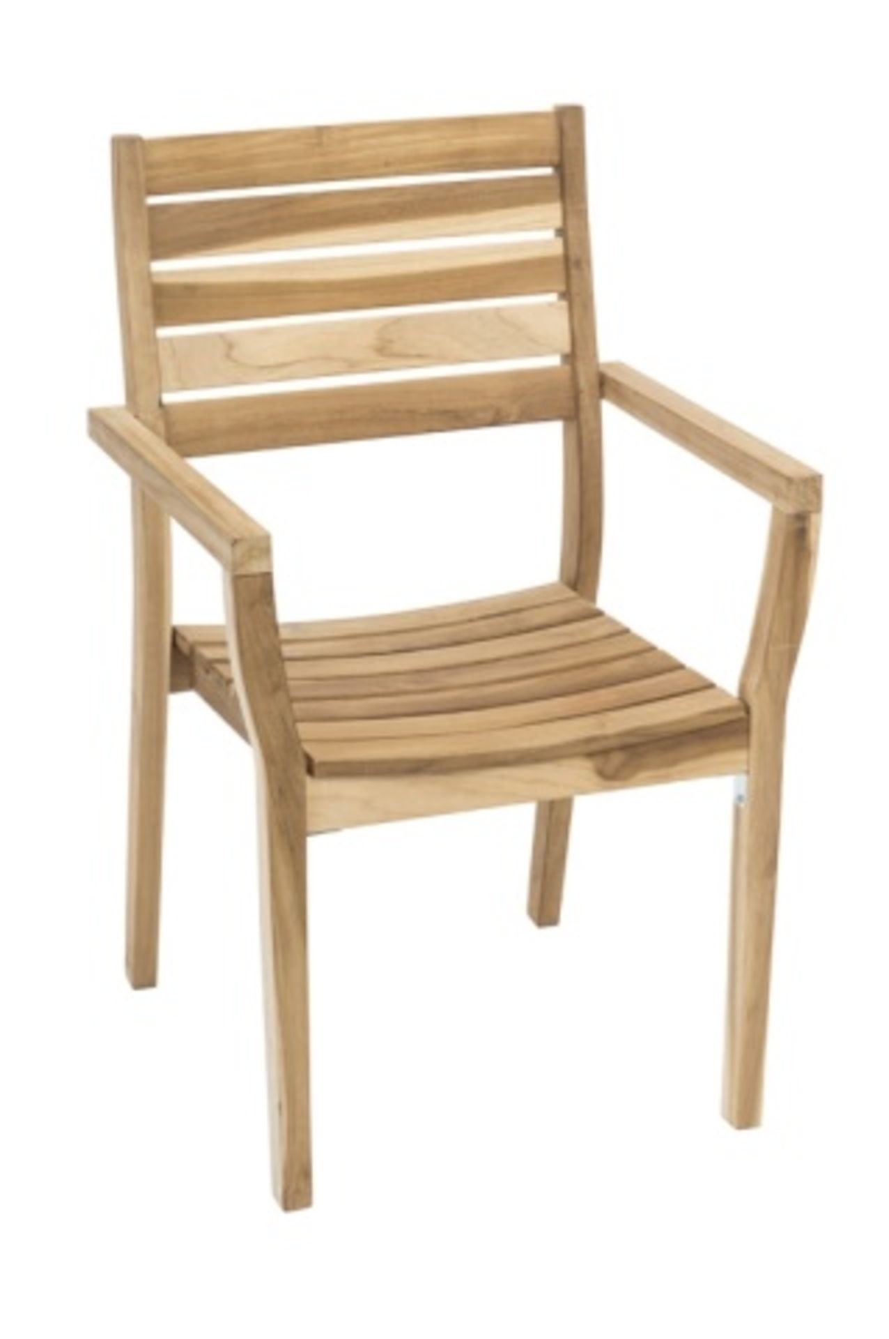 Genuine Teak Vegas Stacking Arm Chair. Natural Teak. Dimensions: 22"w x 21.6"d x 36"h, 17.7"sh, 26"
