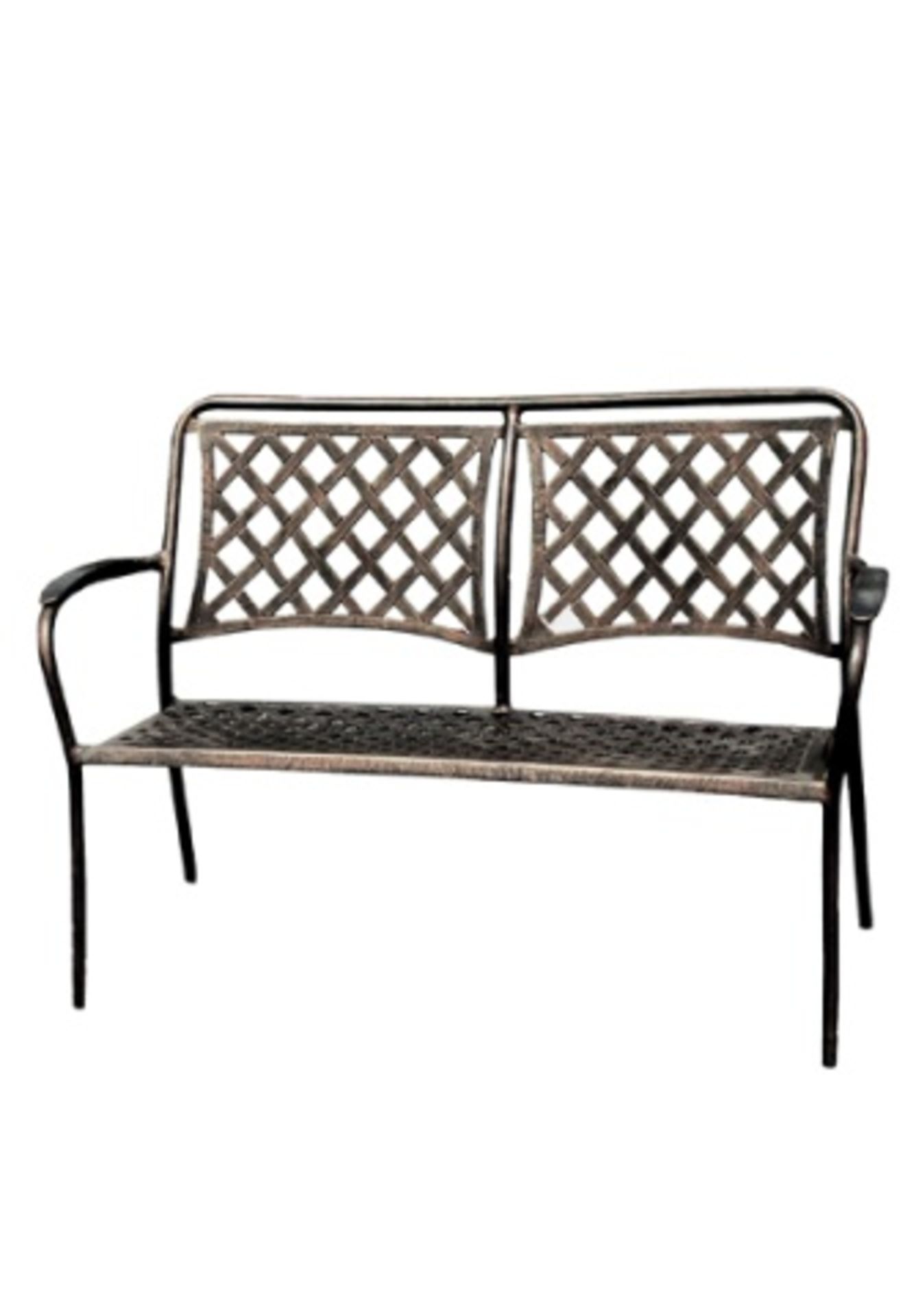 Cape Cod Outdoor Bench. Cast and tubular welded aluminum powder coated hand decorated to an