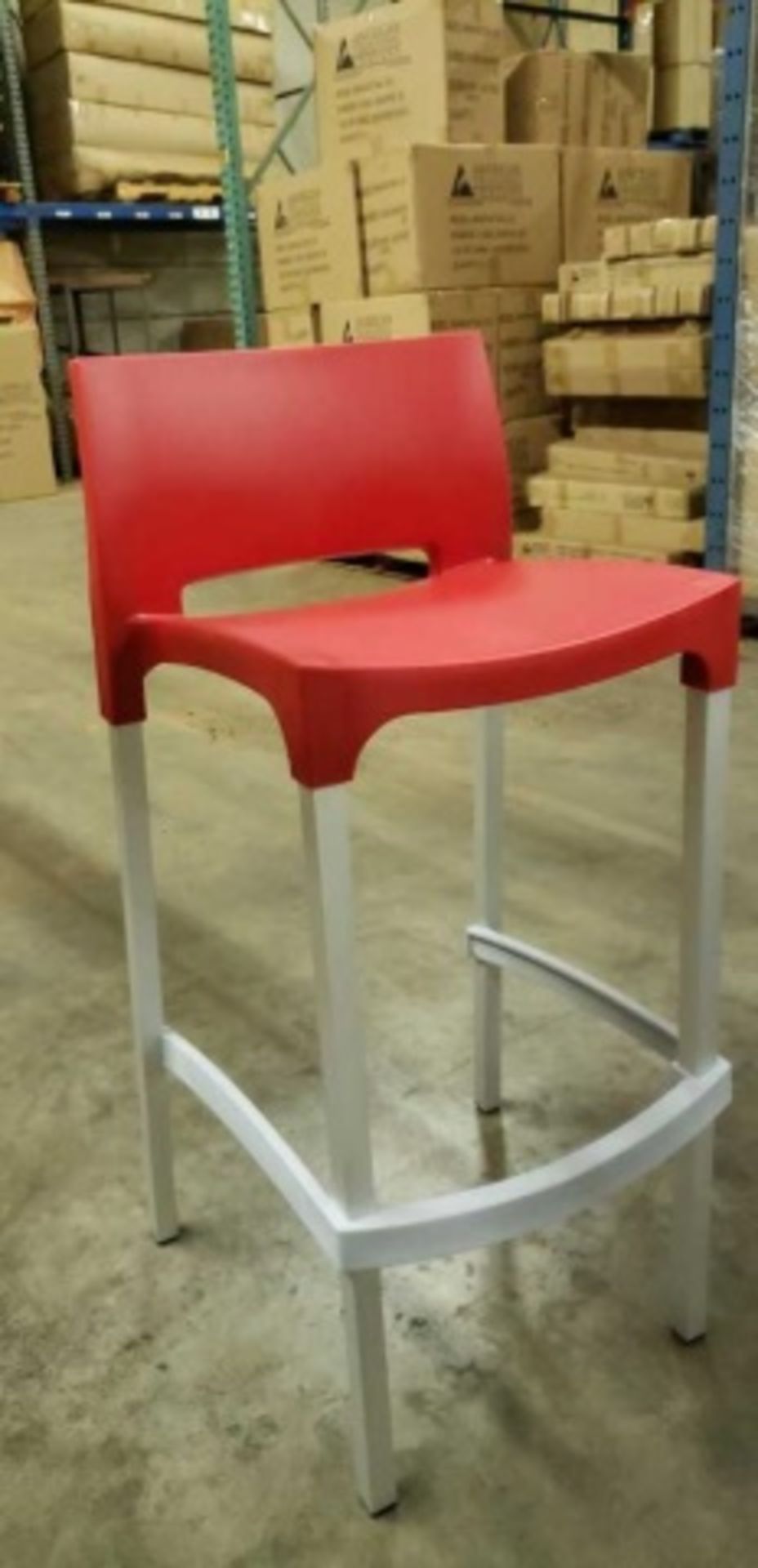 Dom / Gio Barstool With Back - Red. Square Tubular anodized matte aluminum legs, Resin seat and back - Image 2 of 4