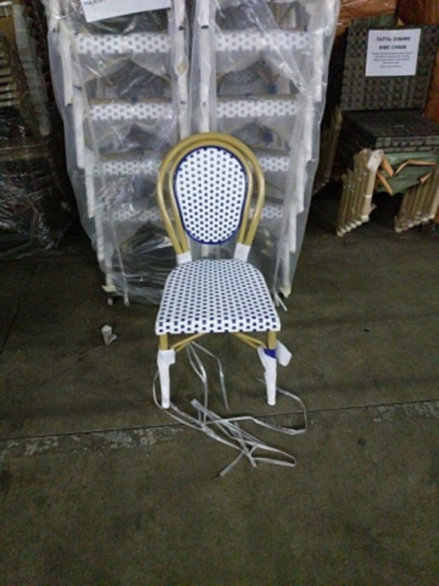 White/Blue Parisienne Side Chair. Powder coat finish imitation rattan textilene upholstery on - Image 2 of 4