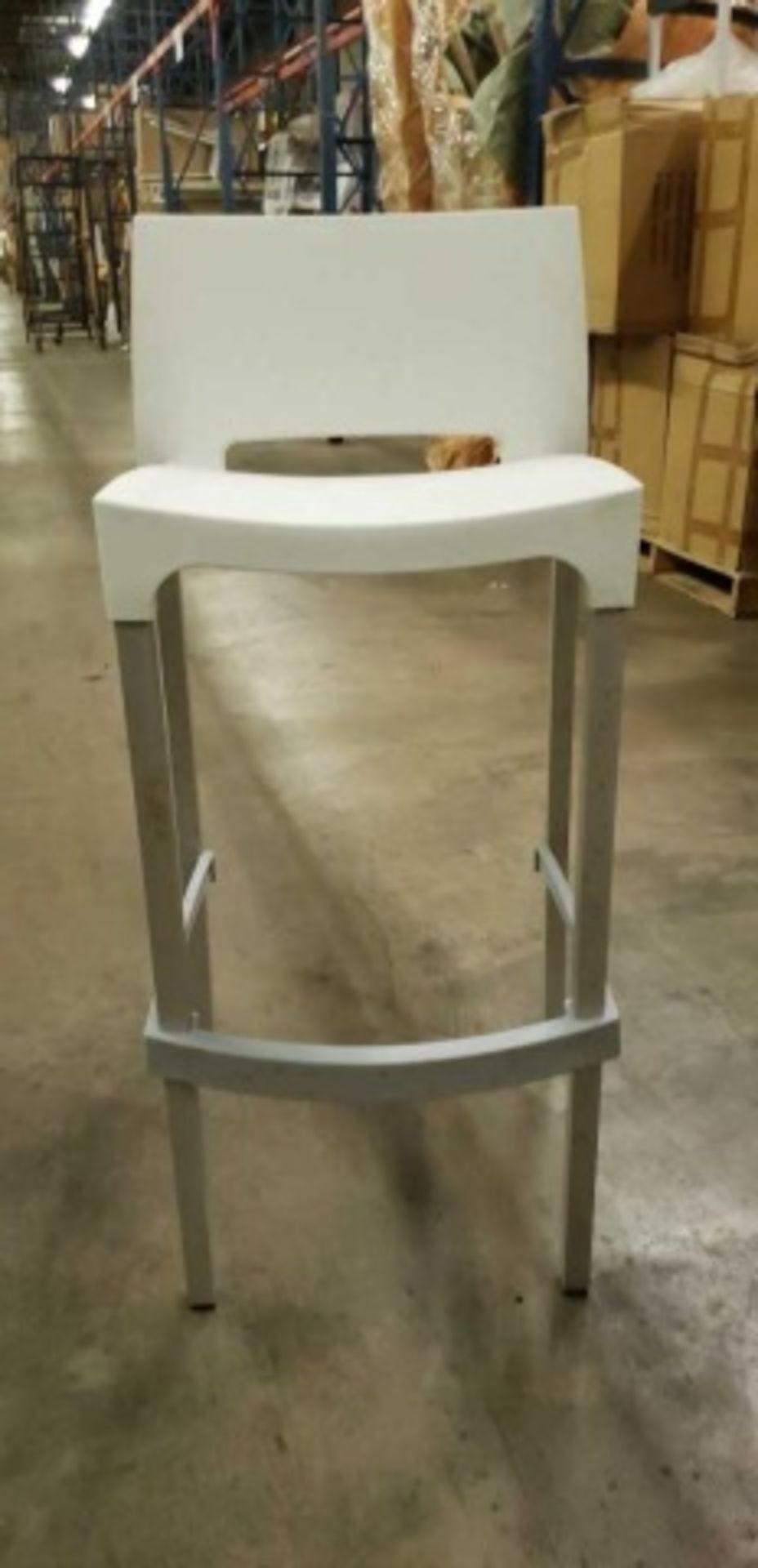 Domenica Barstool With Back - White. Square Tubular anodized matte aluminum legs, Resin seat and