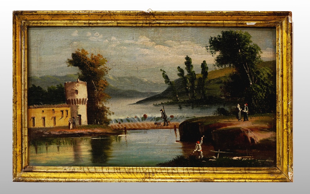 RIVER LANDSCAPE WITH FIGURES AND COTTAGES