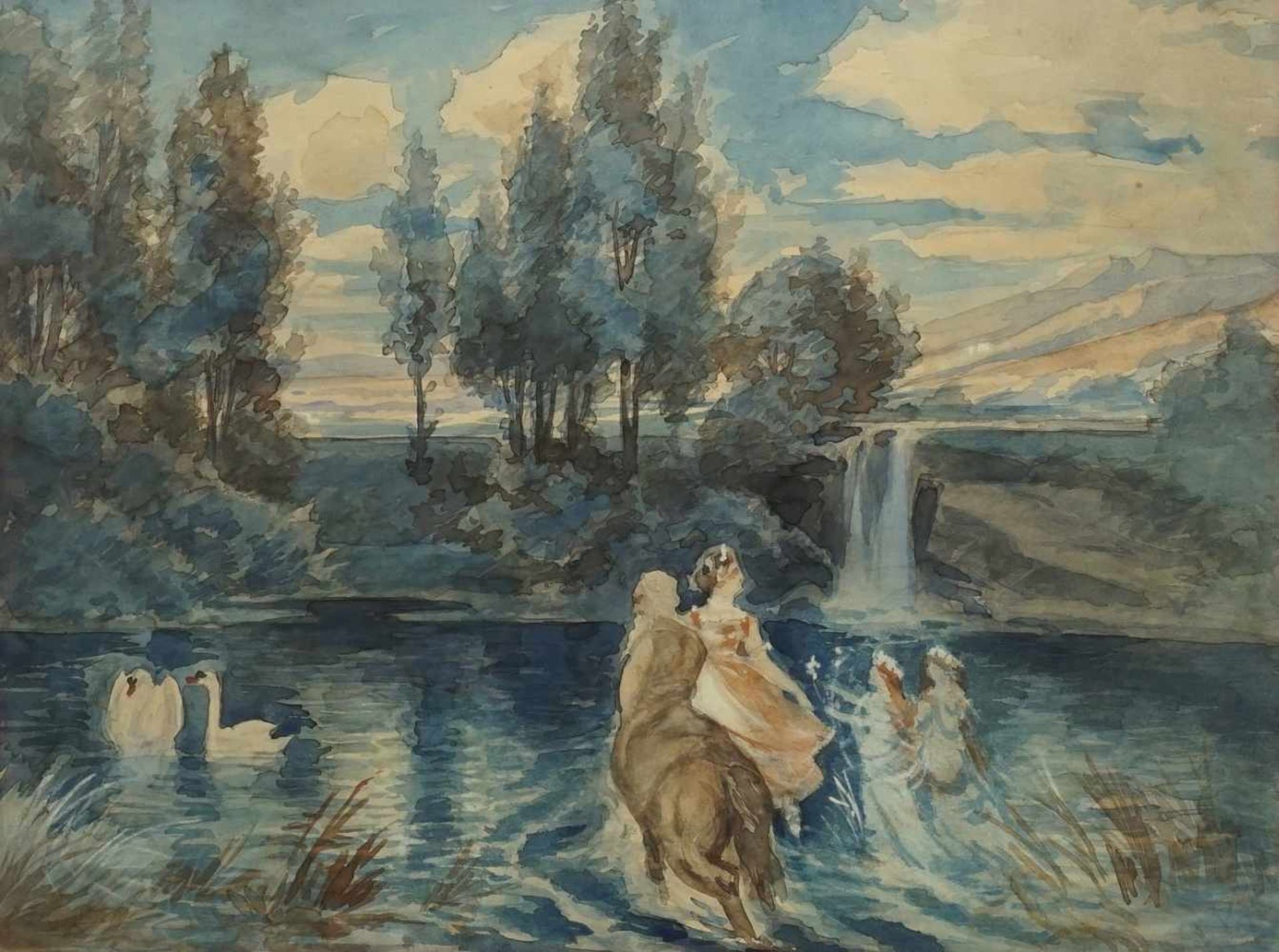 Unbekannter Maler, "Landschaft mit Wasserfall"Aquarell/Papier, mit Phantasiegestalten, altersgemäß