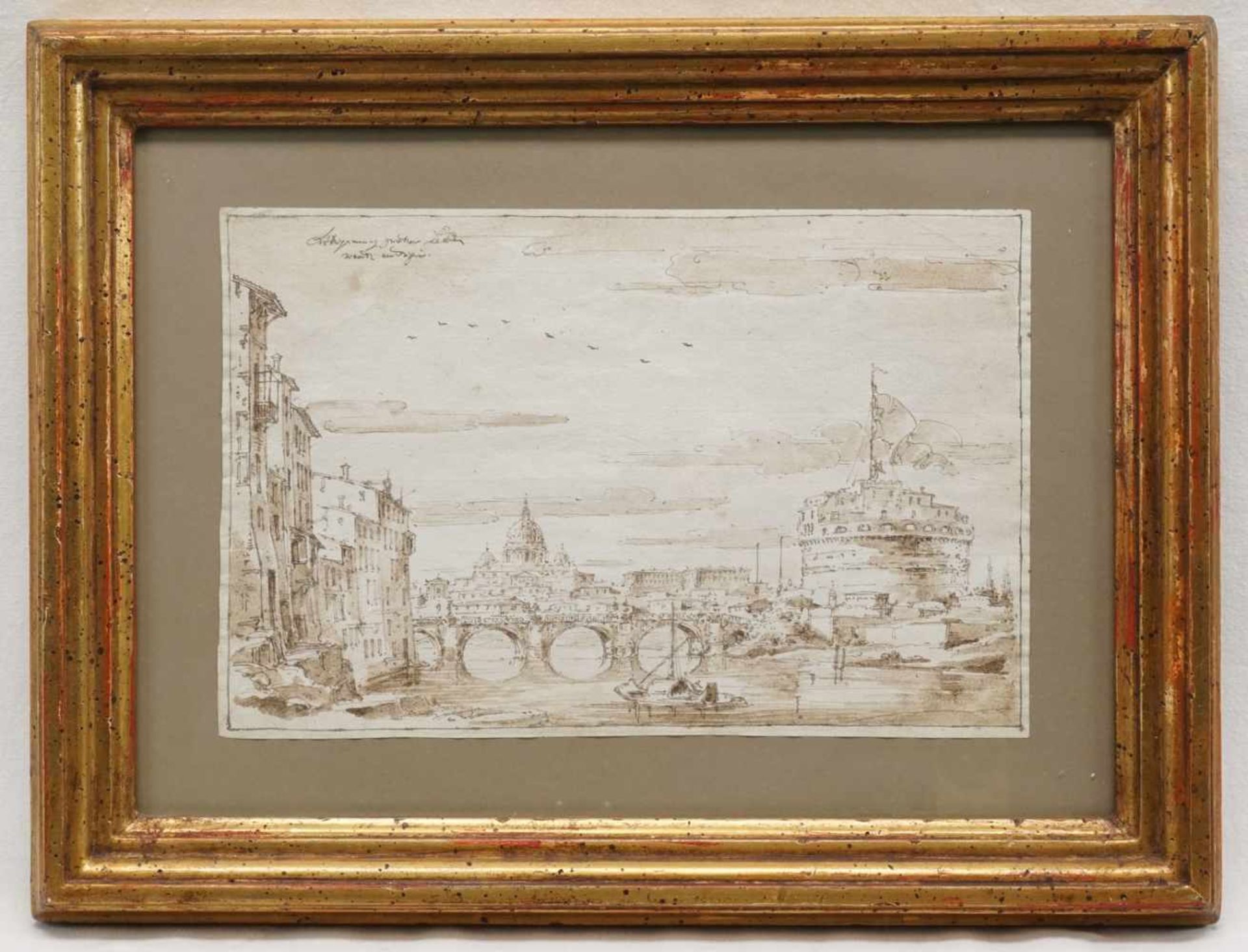 Unbekannter Maler, "Engelsburg in Rom mit Tiber-Brücke Ponte Sant Angelo"Tuschefeder in Sepia/ - Bild 2 aus 2