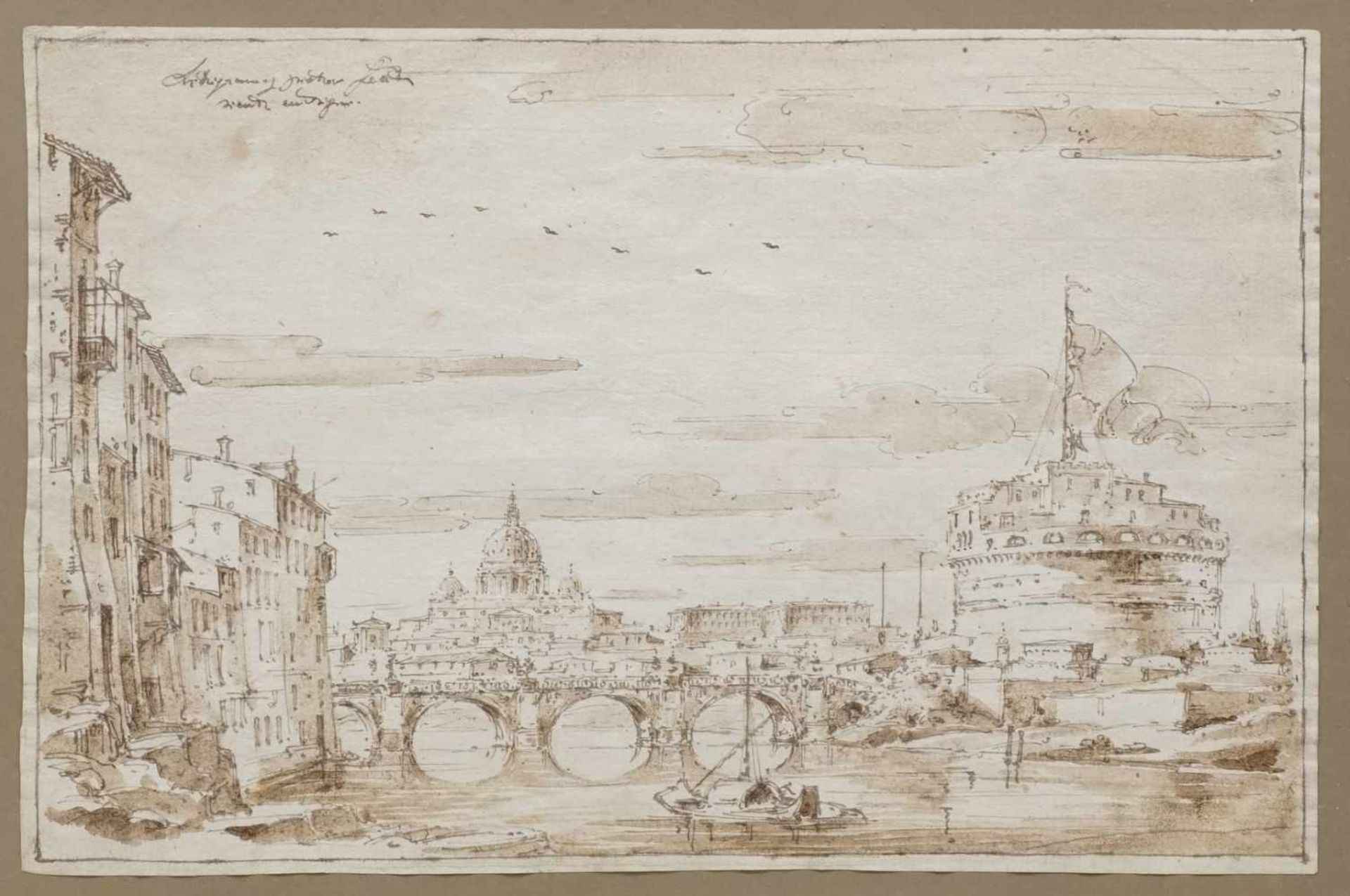 Unbekannter Maler, "Engelsburg in Rom mit Tiber-Brücke Ponte Sant Angelo"Tuschefeder in Sepia/