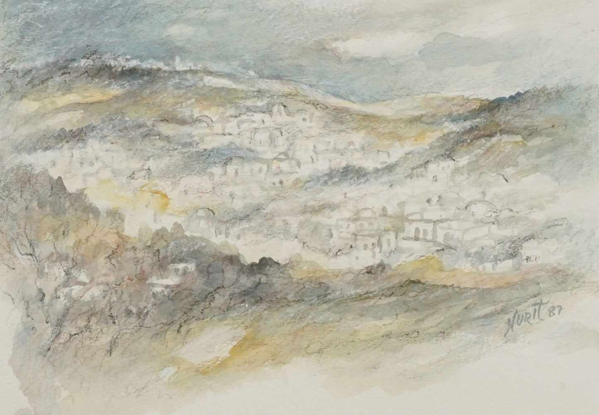 Nurit Bakaus, "Landschaft bei Jerusalem"Aquarell/Papier, unten rechts signiert, datiert (19)87, sehr