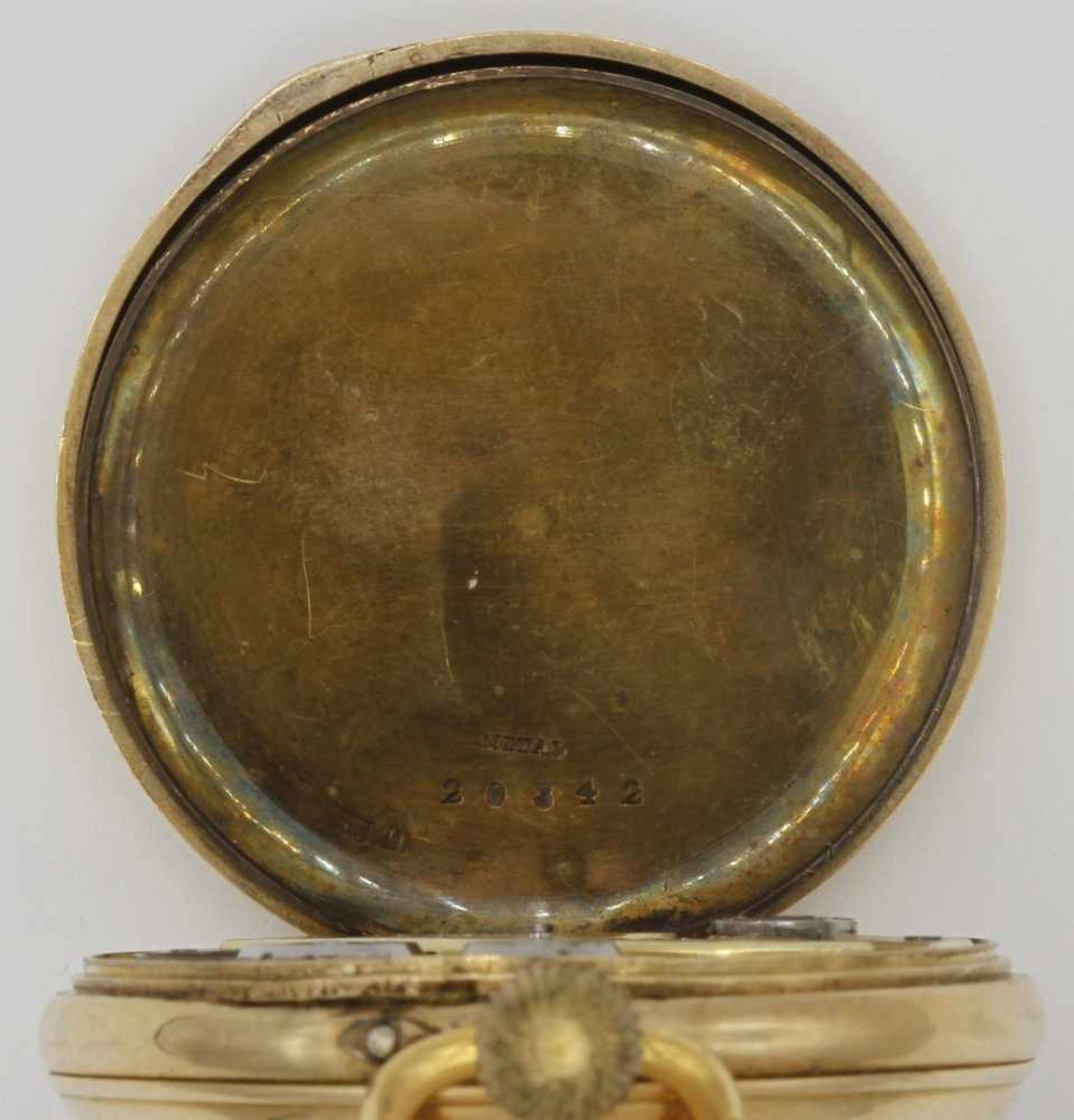 Goldene Taschenuhr, um 1900585/- Gelbgold, Aufzugswerk, 15 Juwelen, Brückenwerk mit Ankerhemmung, - Bild 5 aus 7