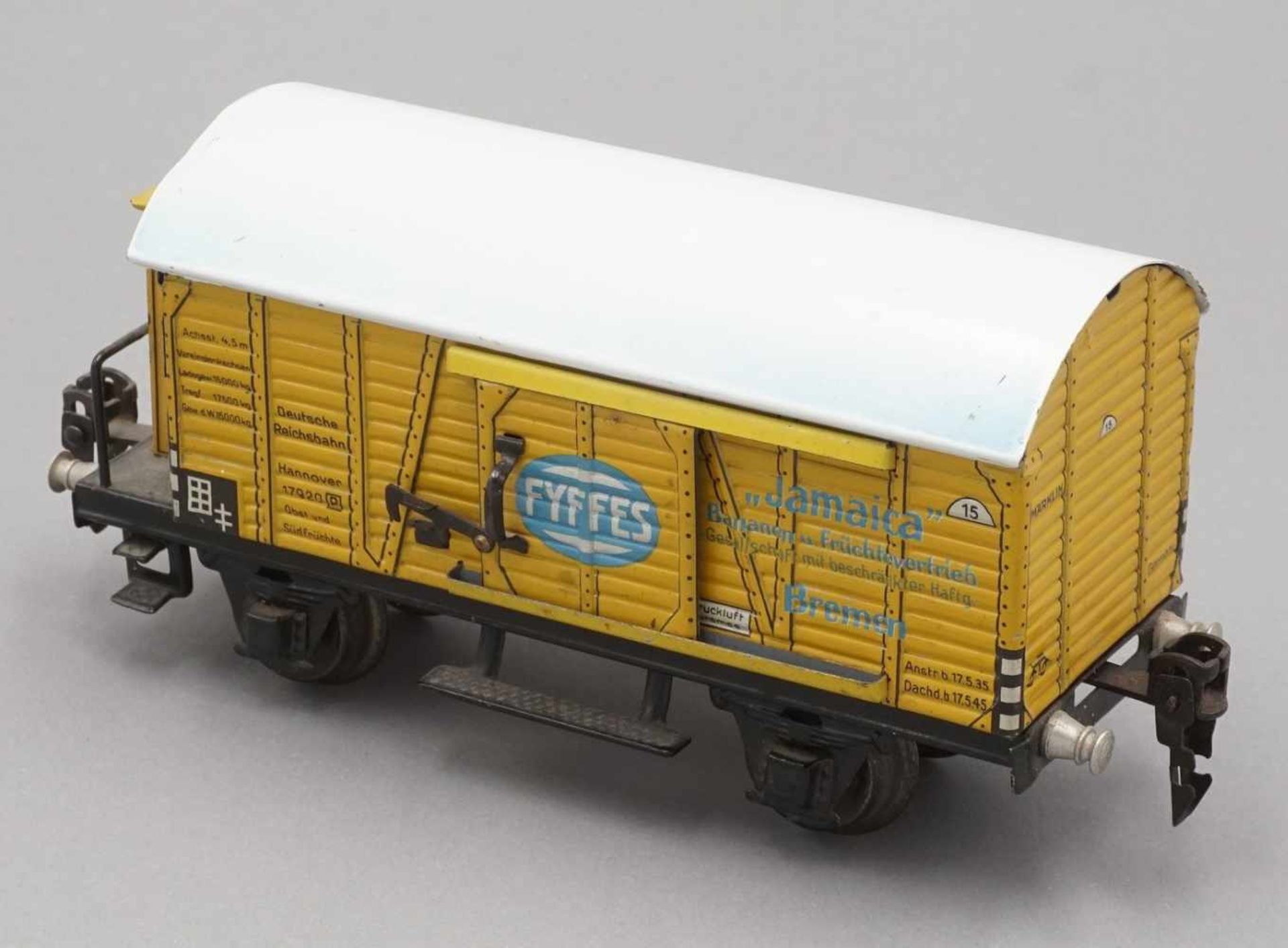 Märklin Bananenwagen FYFFES "Jamaica" 17920, Spur 0Blech lithografiert, 2 Schiebetüren mit - Bild 3 aus 3