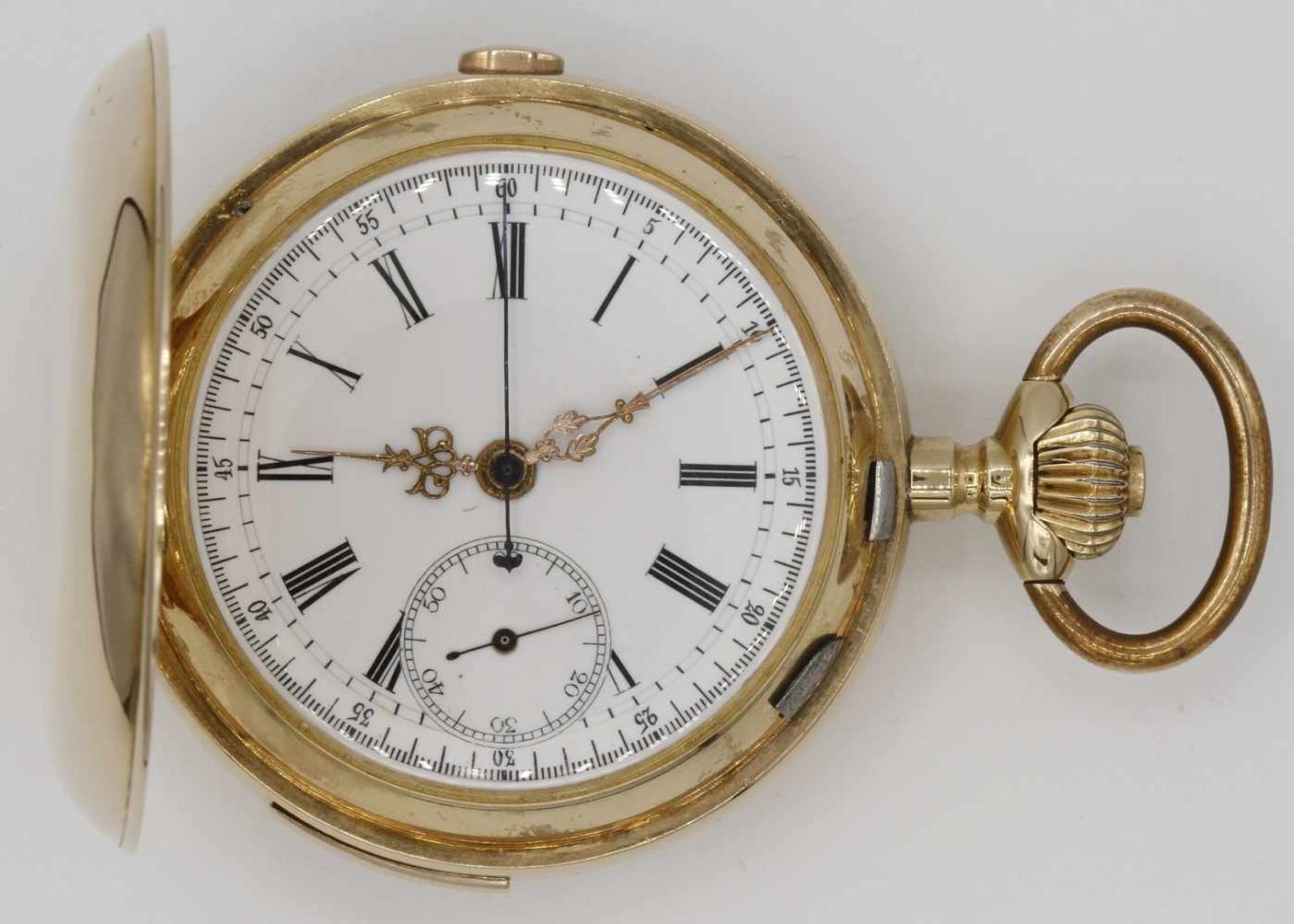 Schweizer Goldsavonnette mit Chronograph und 1/4-Stunden-Repetition585/- Gelbgold, 2. Hälfte 19. - Bild 2 aus 8