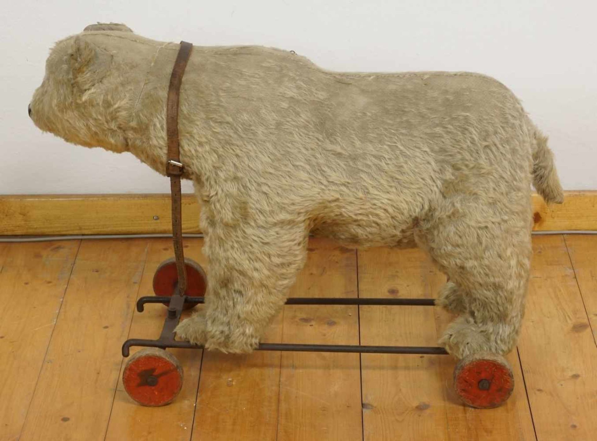 Steiff Rollbär / Räderbär mit Stimme, um 1930Holzwolle Füllung, graues Mohair, großer Bär auf - Bild 4 aus 4