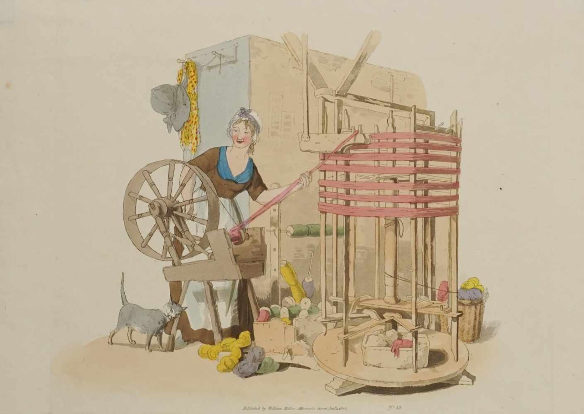 Unbekannter Künstler, "Die Garnspinnerin"Aquatinta-Radierung/Papier, England 1805, altersgemäß guter