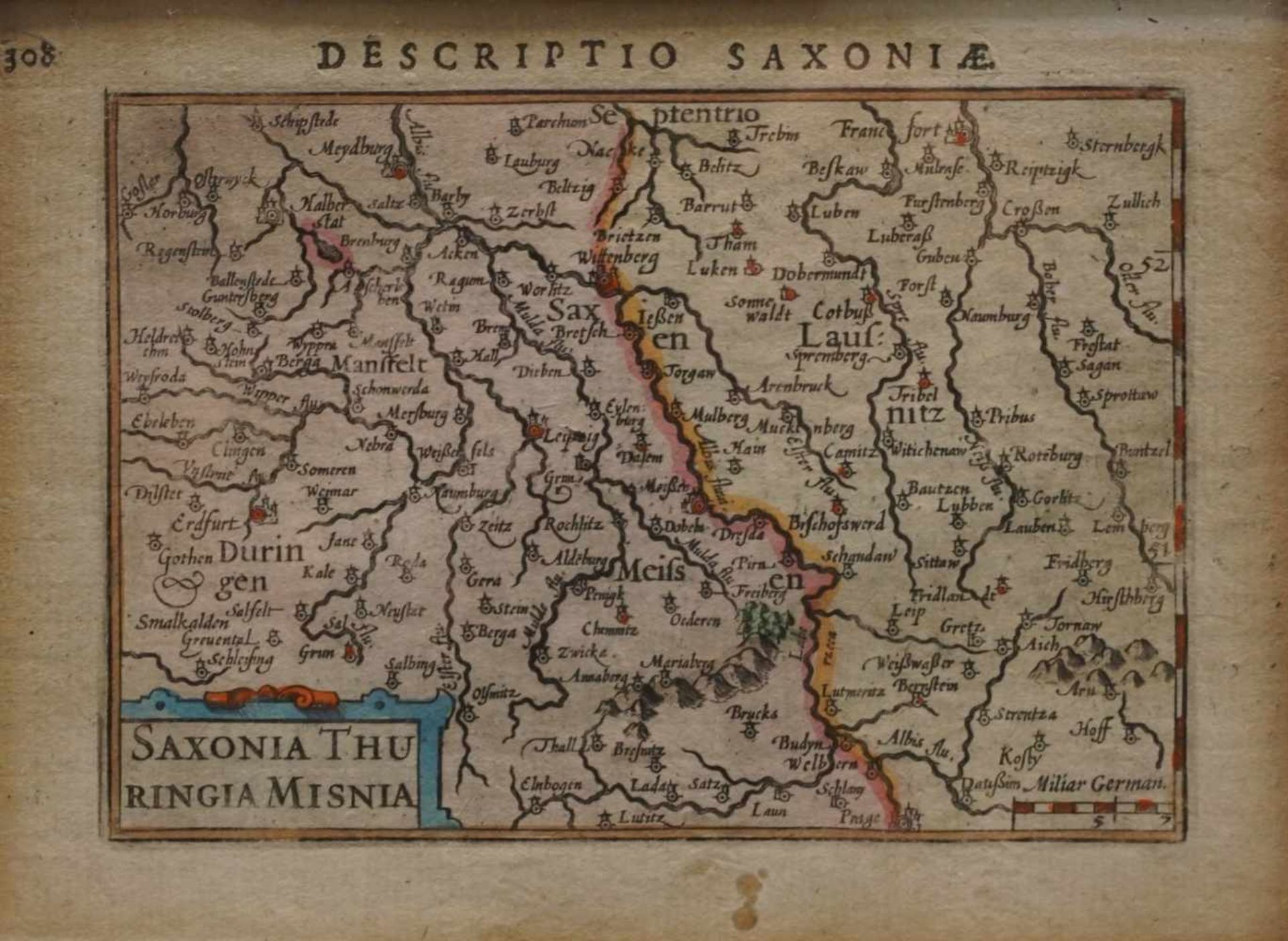 Landkarte, "Sachsen, Thüringen und Meißen"altkolorierter Kupferstich, bezeichnet "Saxonia