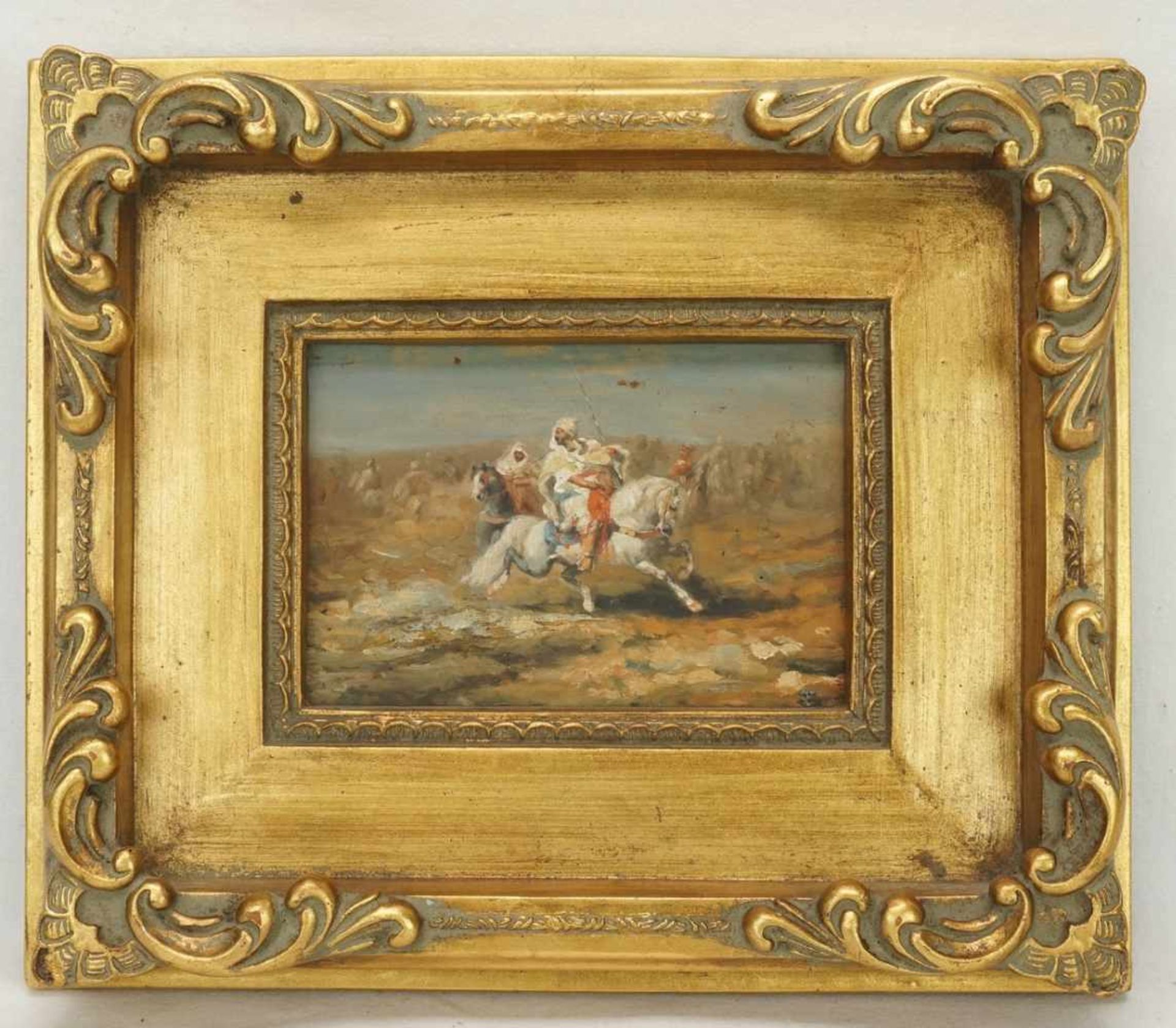 Unbekannter Maler, "Beduinen zu Pferd"Öl/Holzplatte, unsigniert, guter Zustand, goldfarbener