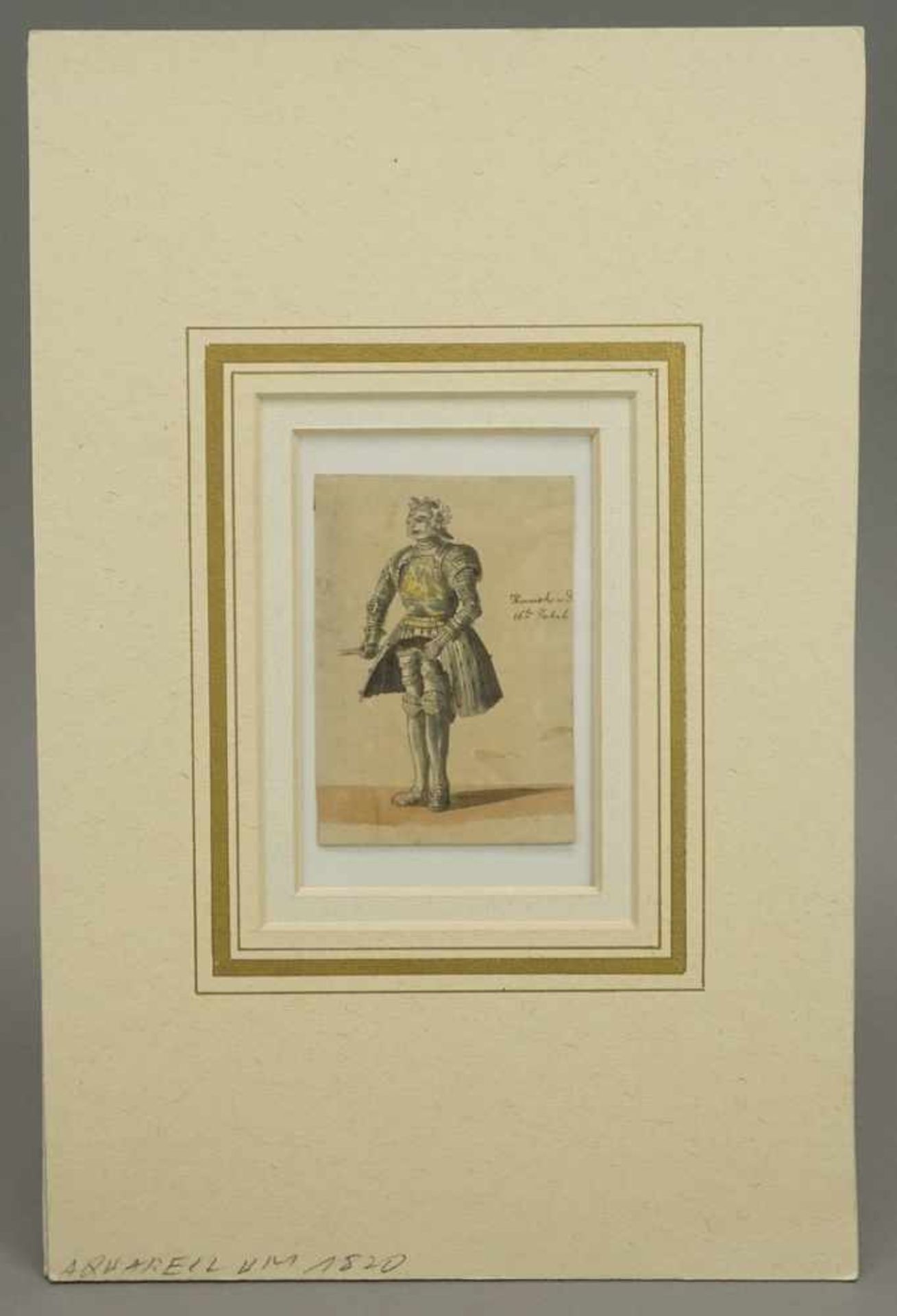 Unbekannter Künstler, "Stehender Ritter"Aquarell/Papier, um 1820, im Blatt bezeichnet "Harnisch a. - Bild 2 aus 4