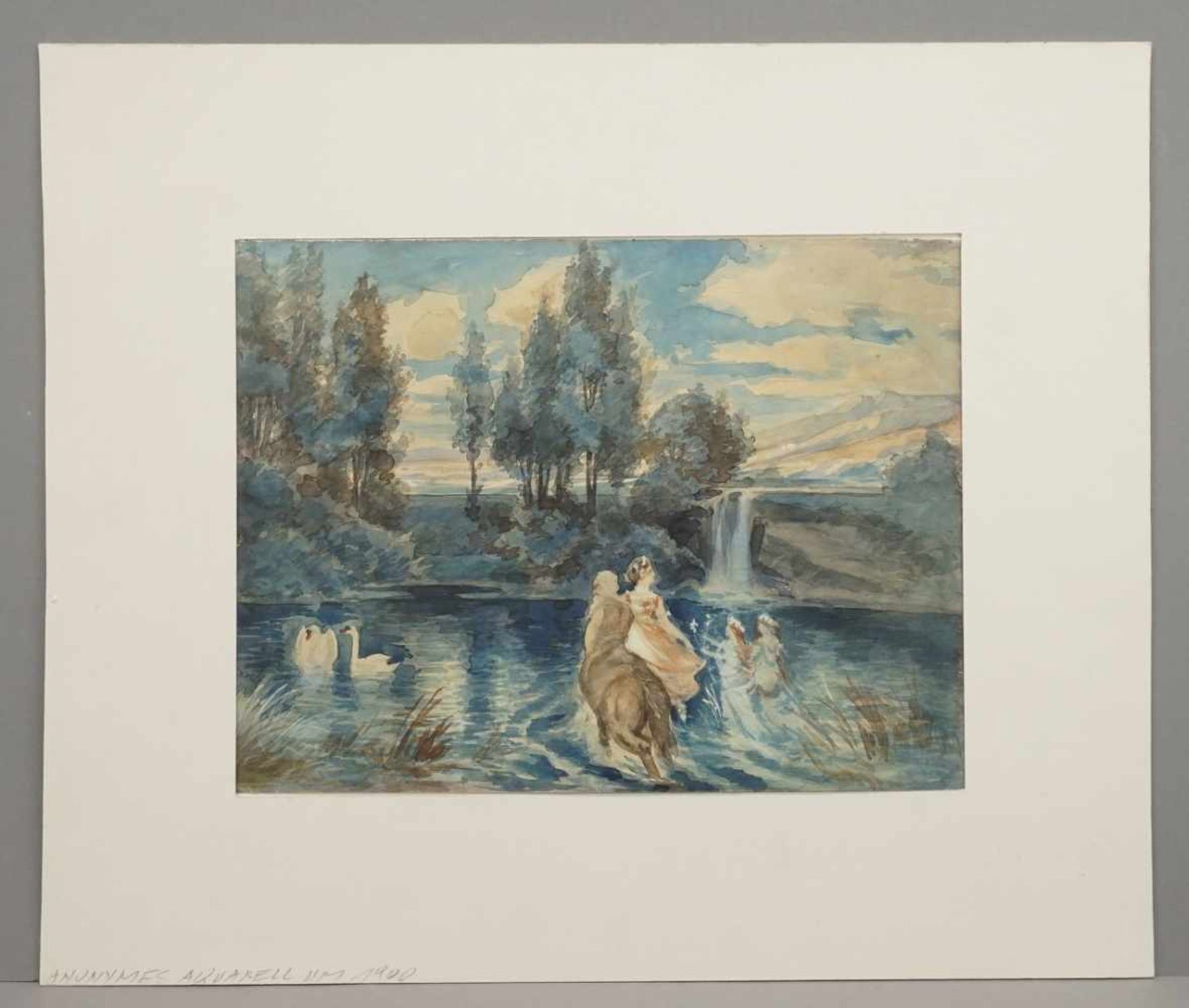 Unbekannter Maler, "Landschaft mit Wasserfall"Aquarell/Papier, mit Phantasiegestalten, altersgemäß - Bild 2 aus 3