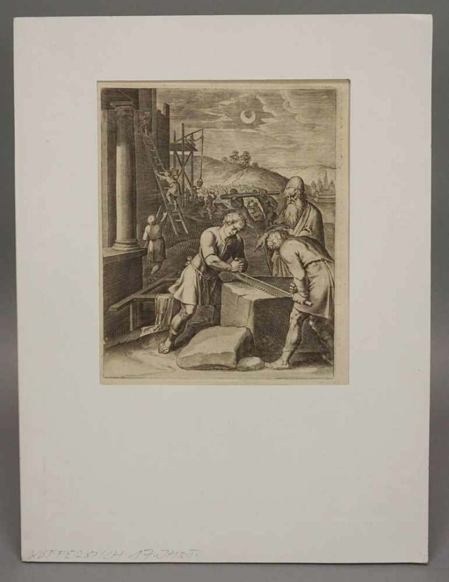 Unbekannter Künstler, "Steinmetz"Kupferstich/Büttenpapier, 17. Jh., Steinsäger auf antiker - Bild 2 aus 4