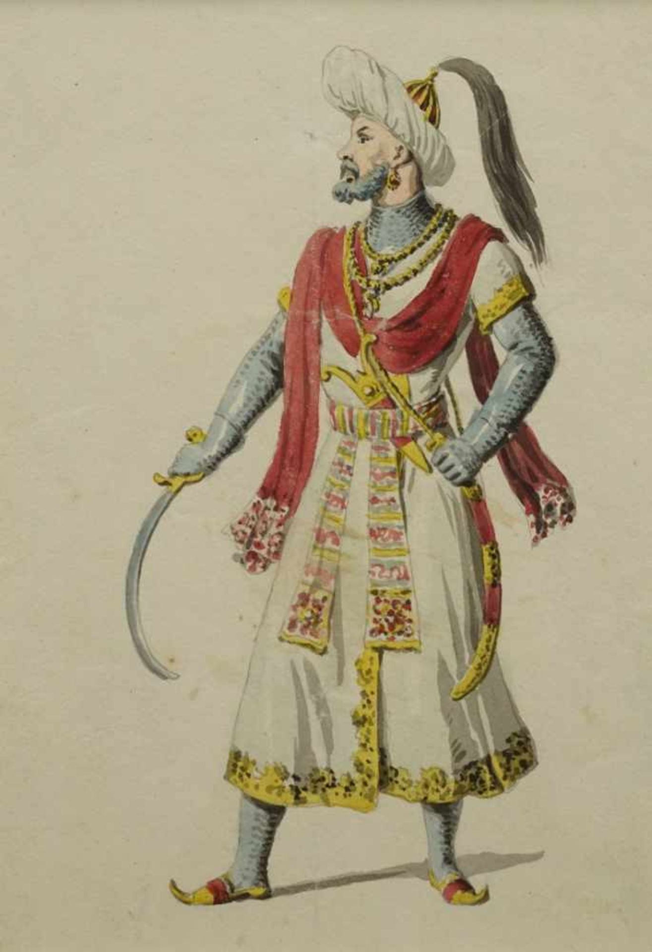 Unbekannter Künstler, "Osmanischer Krieger"Aquarell/Papier, um 1840, mit prachtvollem Gewand und