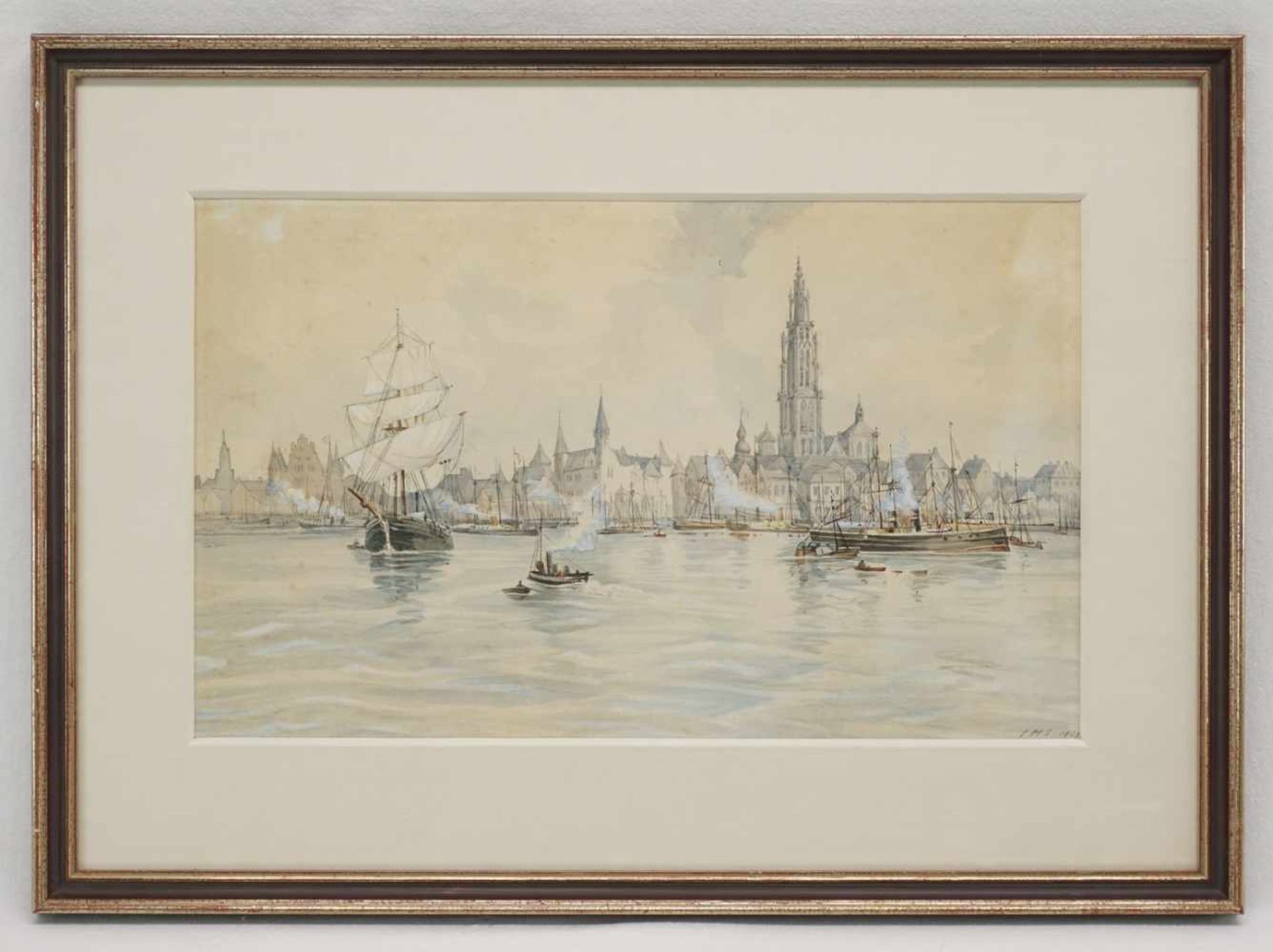 Wohl Heinrich Schmedding, "Hafen und Stadt Antwerpen"(1849 - 1921), Aquarell/Papier, unten rechts - Bild 2 aus 4