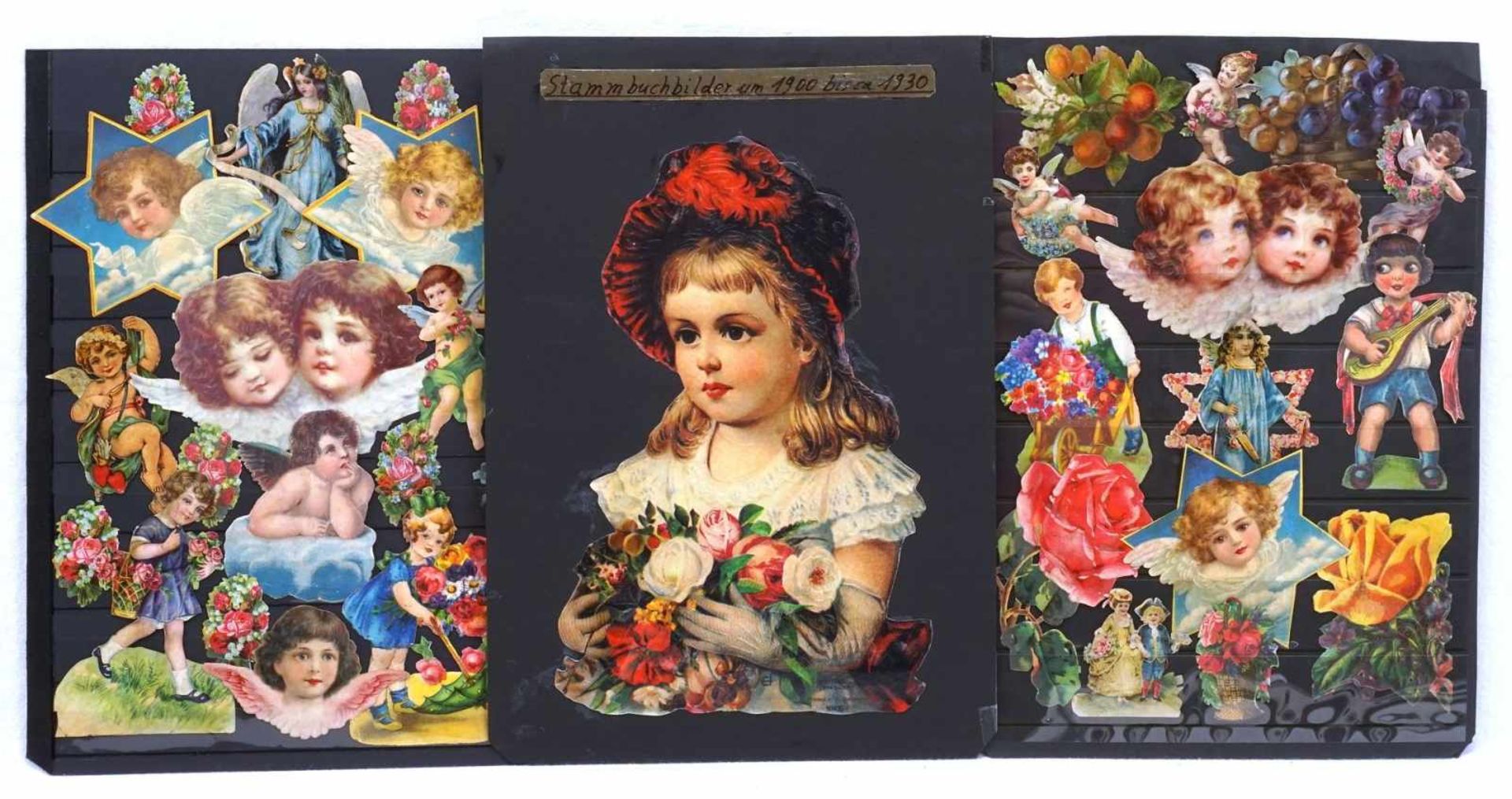 Ca. 210 Stammbuchbilderum 1900-1930, u. a. Kinder, Blumen und Tiere, auf SteckblätternBitte