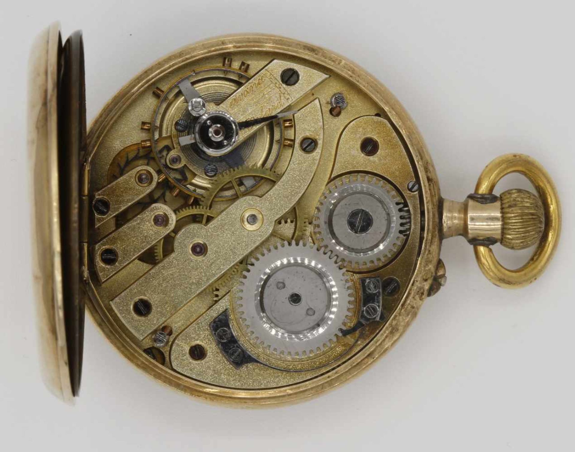 Goldene Taschenuhr, um 1900585/- Gelbgold, Aufzugswerk, 15 Juwelen, Brückenwerk mit Ankerhemmung, - Bild 6 aus 7