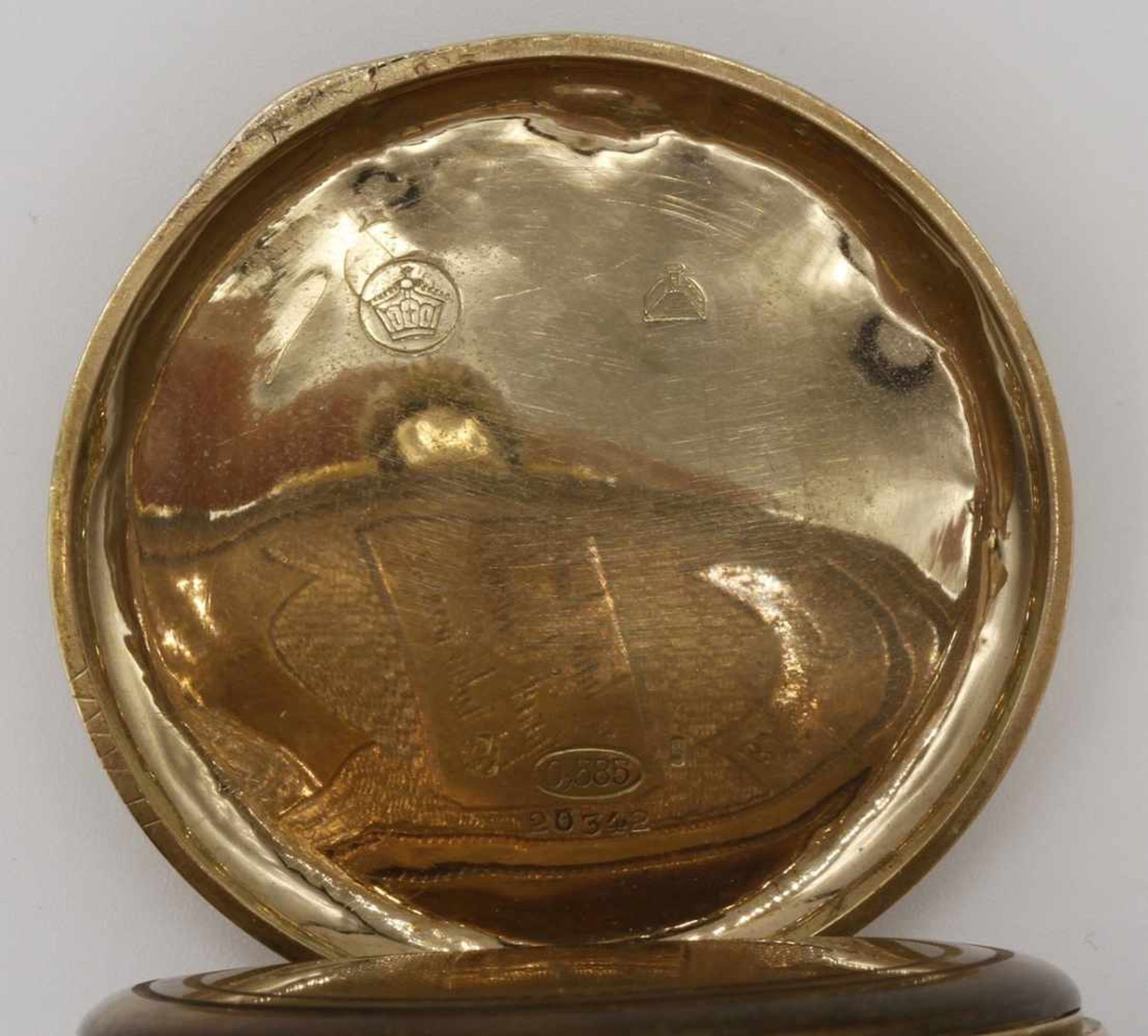 Goldene Taschenuhr, um 1900585/- Gelbgold, Aufzugswerk, 15 Juwelen, Brückenwerk mit Ankerhemmung, - Bild 3 aus 7